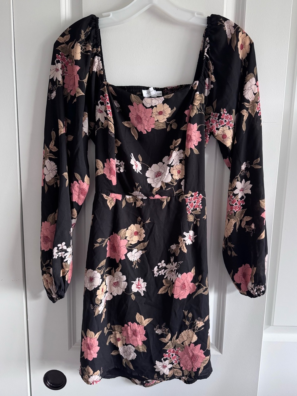 All in Favor Black Floral Square-Neck Long Sleeve Mini Dress